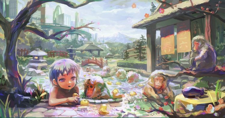 animal, Bath, Loli, Onsen, Original, Rubber, Duck, Tanabata, Suika HD Wallpaper Desktop Background