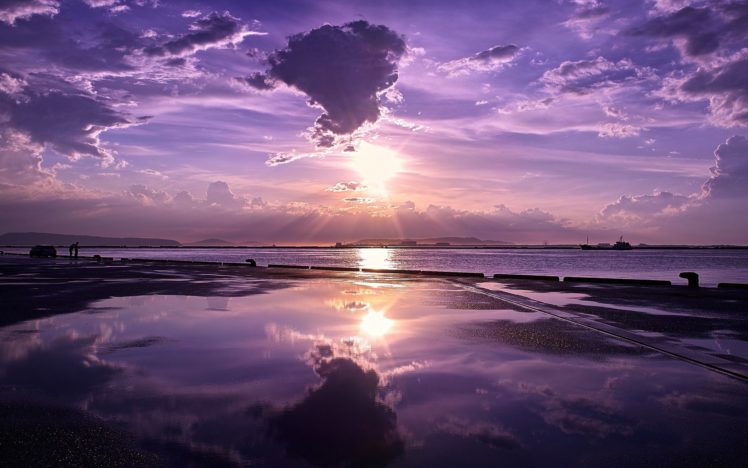 sunset, Nature, Sea, Skyscapes, Reflections, Purple, Sky HD Wallpaper Desktop Background