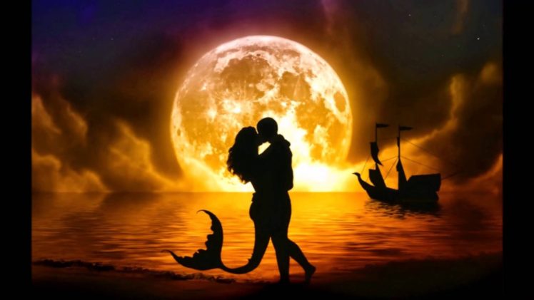 amor, Luna, Hombre, Sirena, Playa, Fantasia, Beso HD Wallpaper Desktop Background