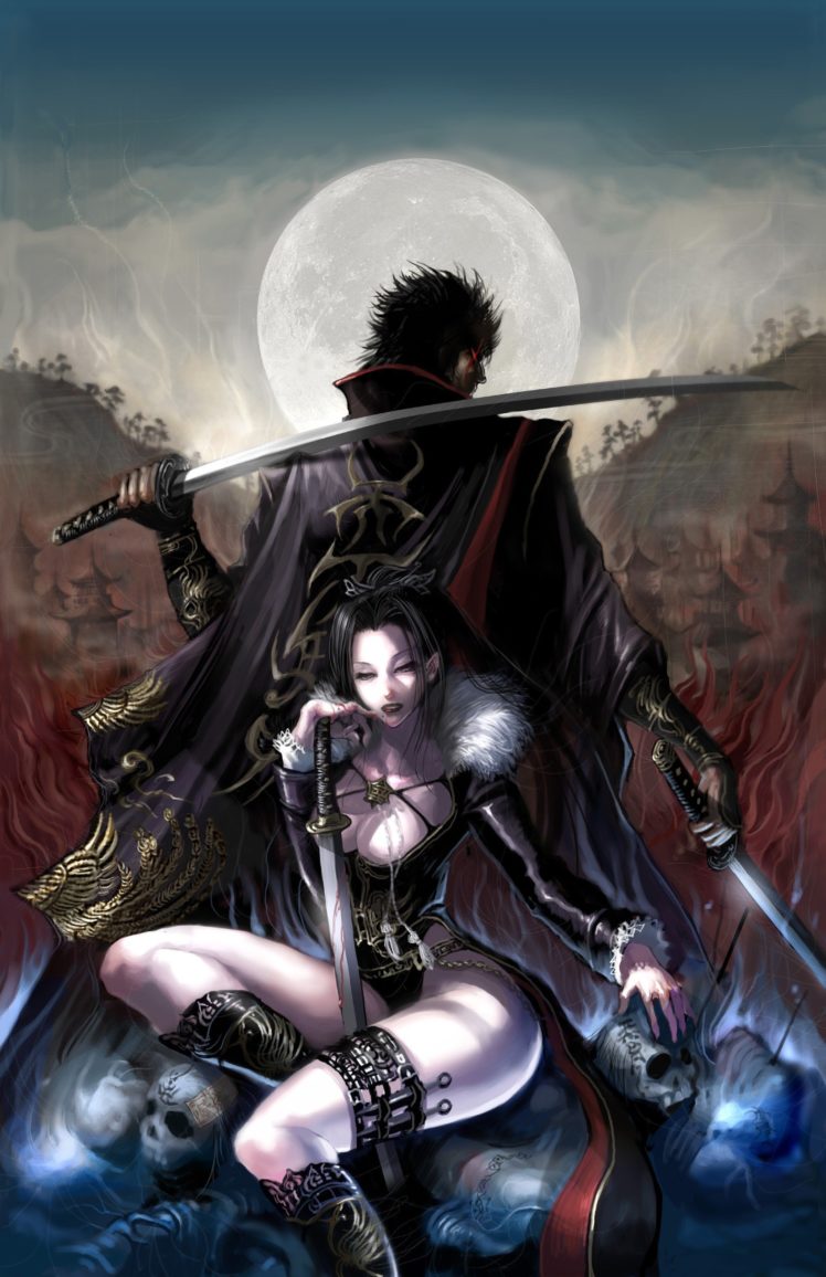 skulls, Fantasy, Katana, Weapons, Blade, Artwork, Swords HD Wallpaper Desktop Background