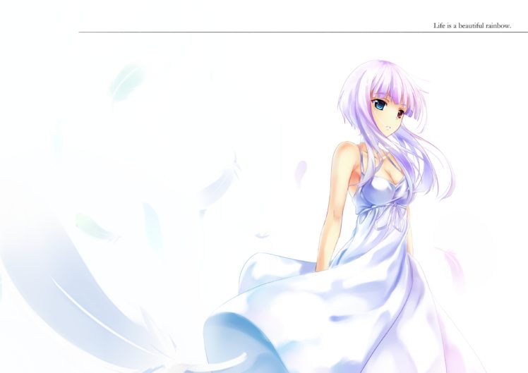 original, Bicolored, Eyes, Dress, Feathers, Original, Summer, Dress, White, White, Hair HD Wallpaper Desktop Background