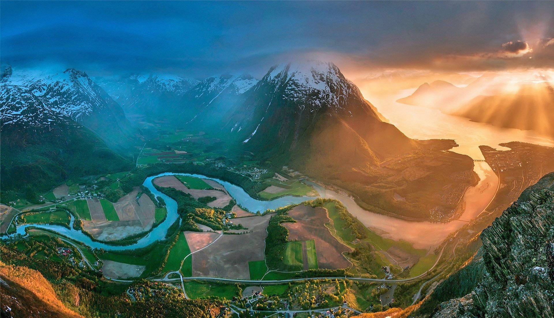 sea, Sunset, Bridge, Mountains, Sunbeams, Norway ...