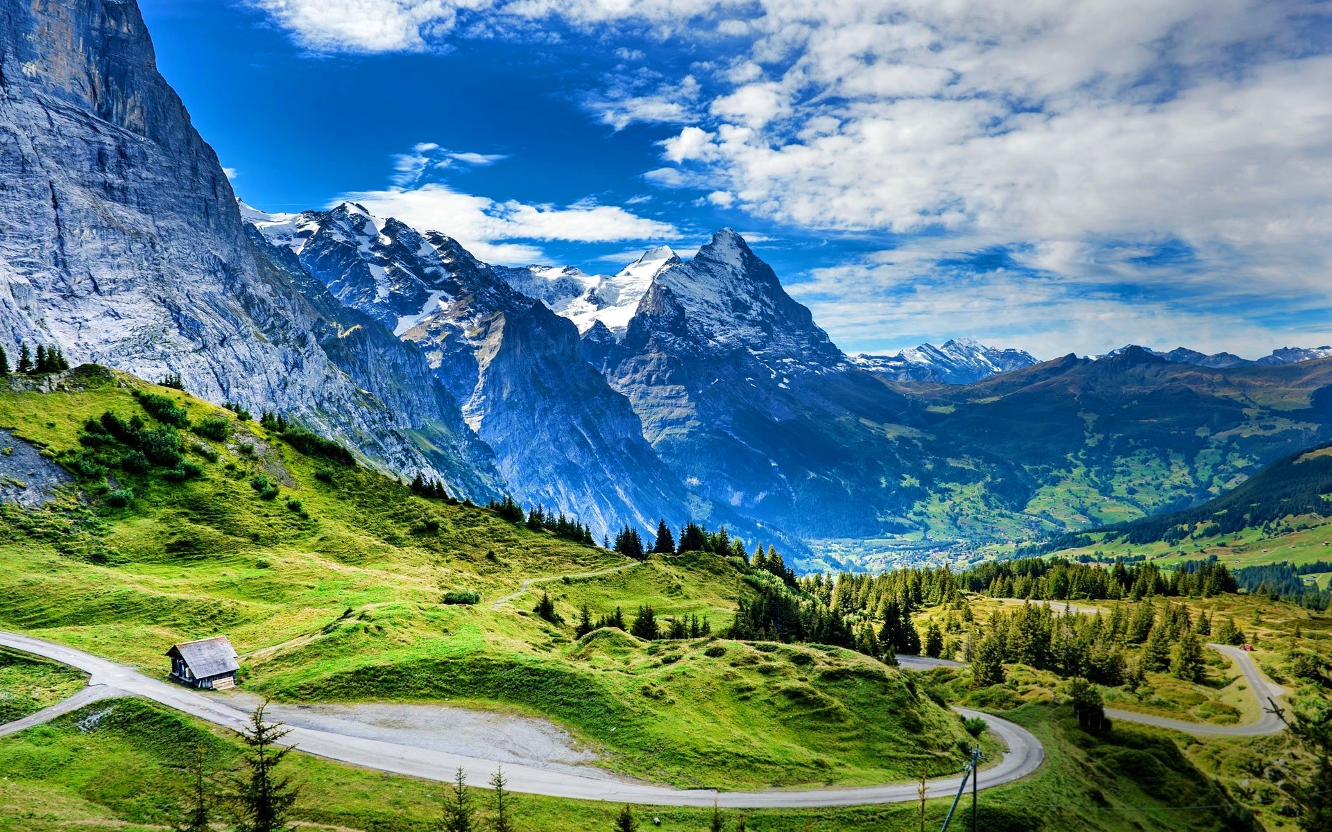 mountains, Cabin, Snowy, Peaks, Clouds, Forest, Beautiful, Grass, Alps, Switzerland, Road Wallpaper