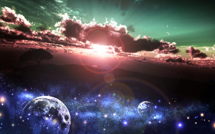 art, Yk, Sunset, Sun, Stars, Earth, Planet, Tree, Sky, Clouds, Nature HD Wallpaper Desktop Background