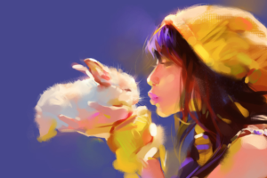 bunny, Rabbit, Drawing, Kiss, Brunette, Girl, Mood