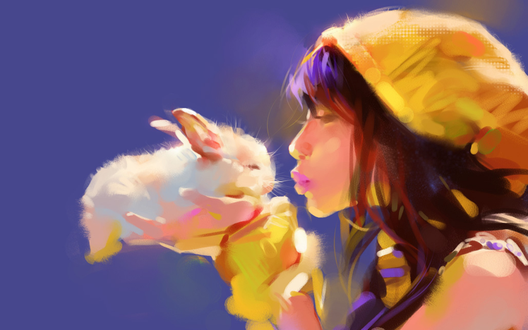 bunny, Rabbit, Drawing, Kiss, Brunette, Girl, Mood HD Wallpaper Desktop Background