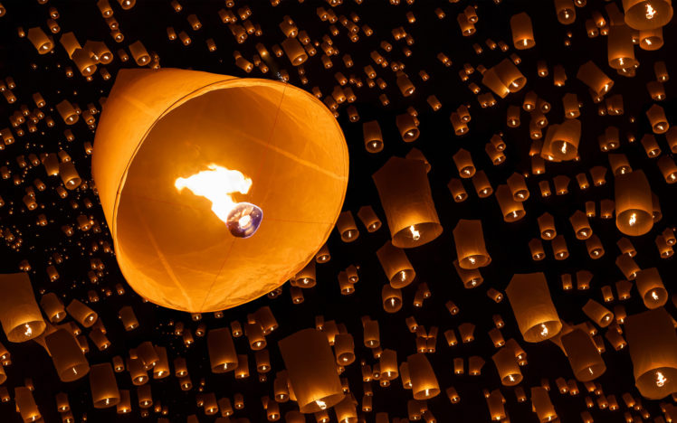 fire, Sky, Lanterns, Night, Bokeh HD Wallpaper Desktop Background