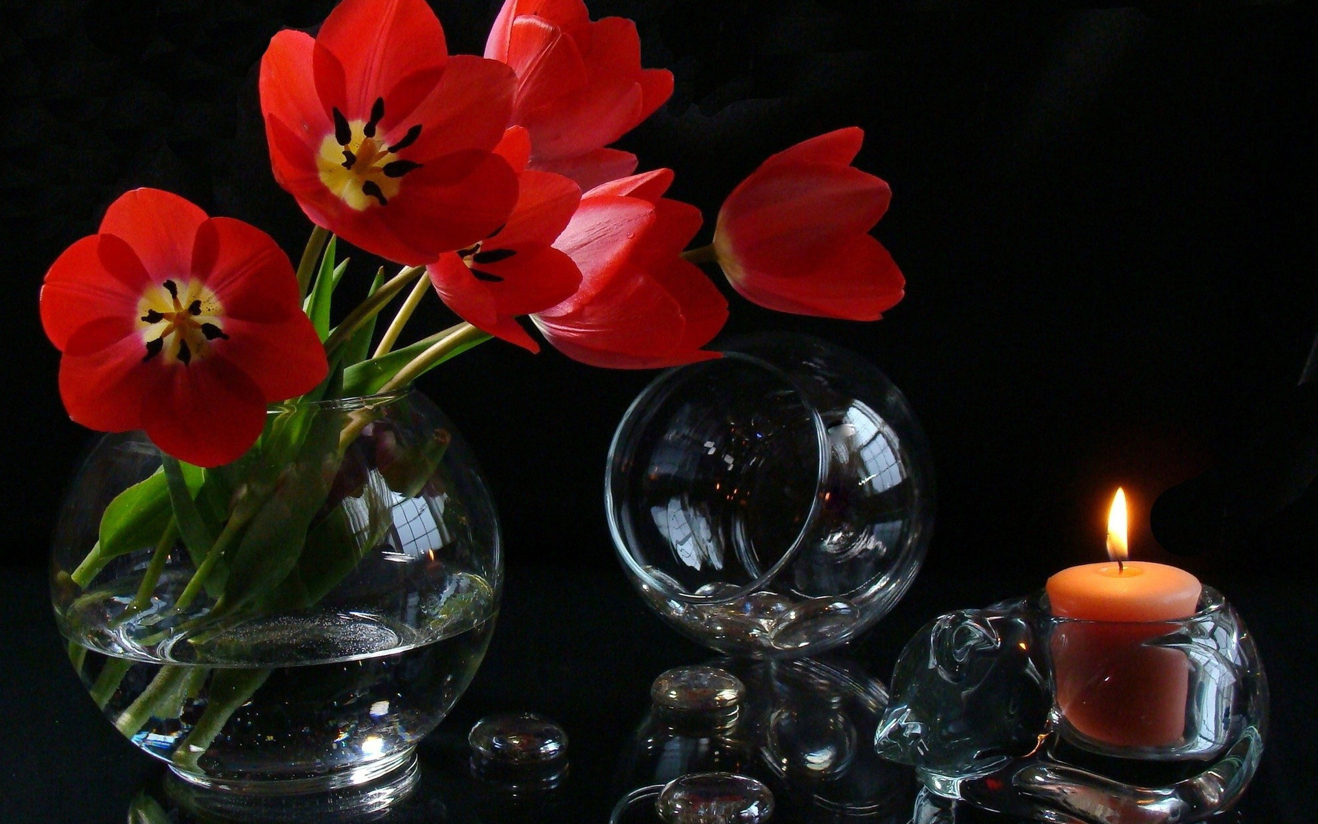 flowers, Wine, Glasses, Candle Wallpaper