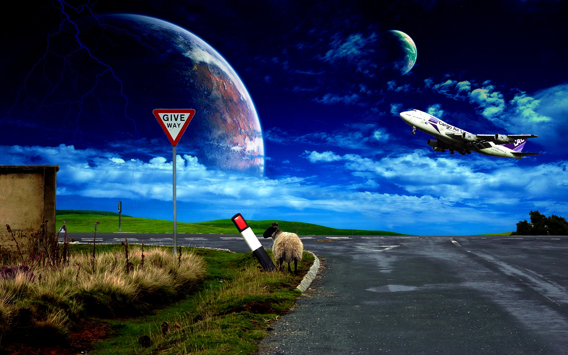 plane, Sheep, Road, Sky, Sign Wallpaper