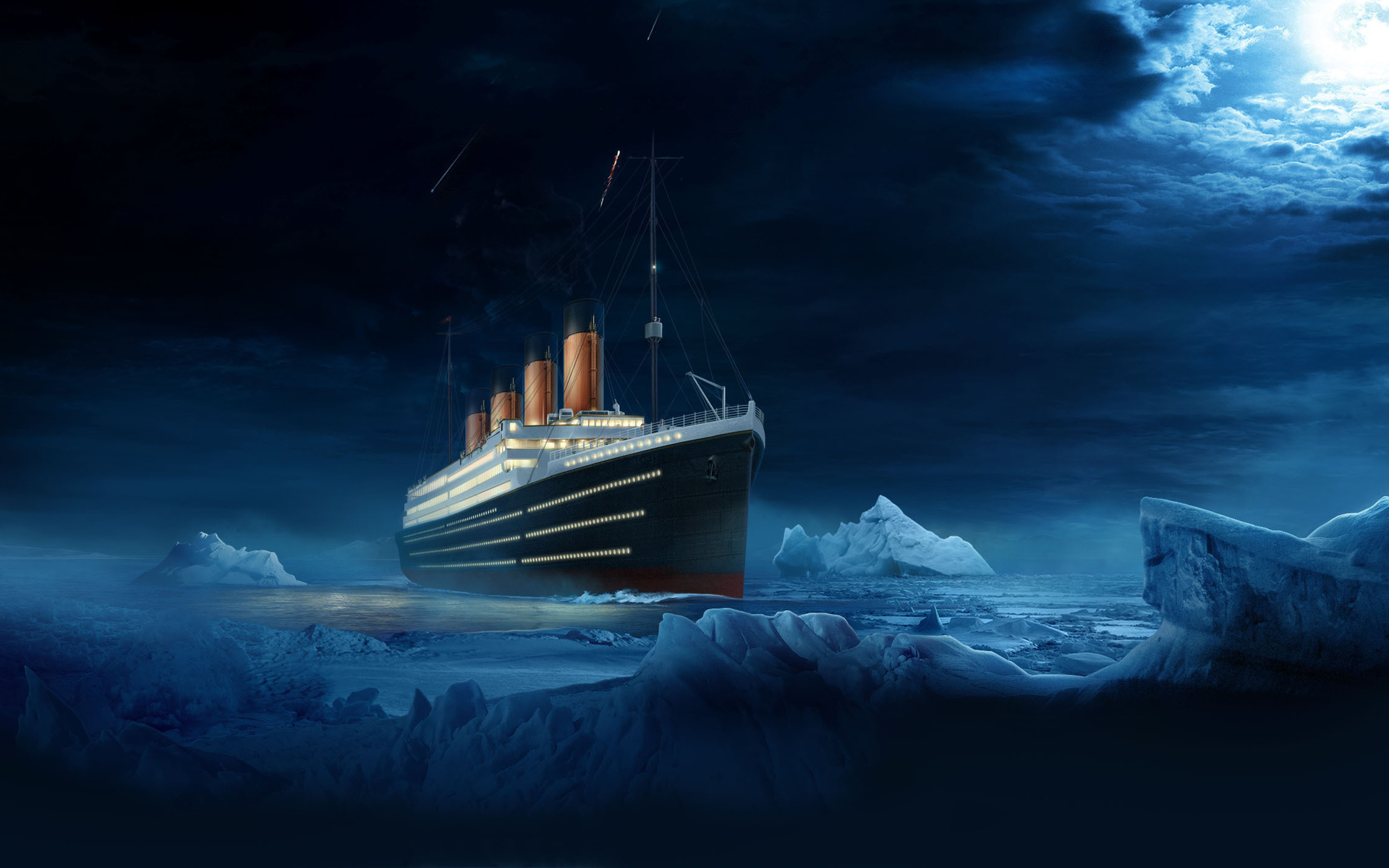 ship, Titanic, Ship, Titanic, Water, Night Wallpaper