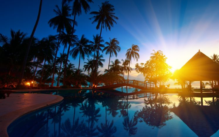 thailand, Paradise, Trees, Sea, Water, Palm, Trees, Bridge, Nature, Reflection HD Wallpaper Desktop Background