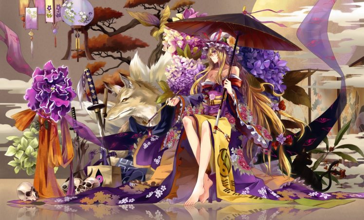 touhou, Yakumo, Yukari, Yakumo, Ran, Chen, A, Girl, A, Wolf, An, Umbrella, Jacket, Skull, Flowers, Lamps, Sword, Katana, Hydrangea, Pipe, Wood HD Wallpaper Desktop Background