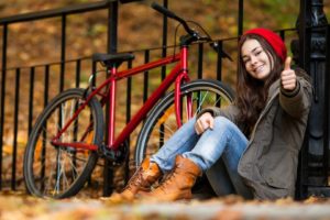 women, Outdoors, Long, Hair, Brunette, Model, Sitting, Smiling, Coats, Jeans, Boots, Bicycle, Fall