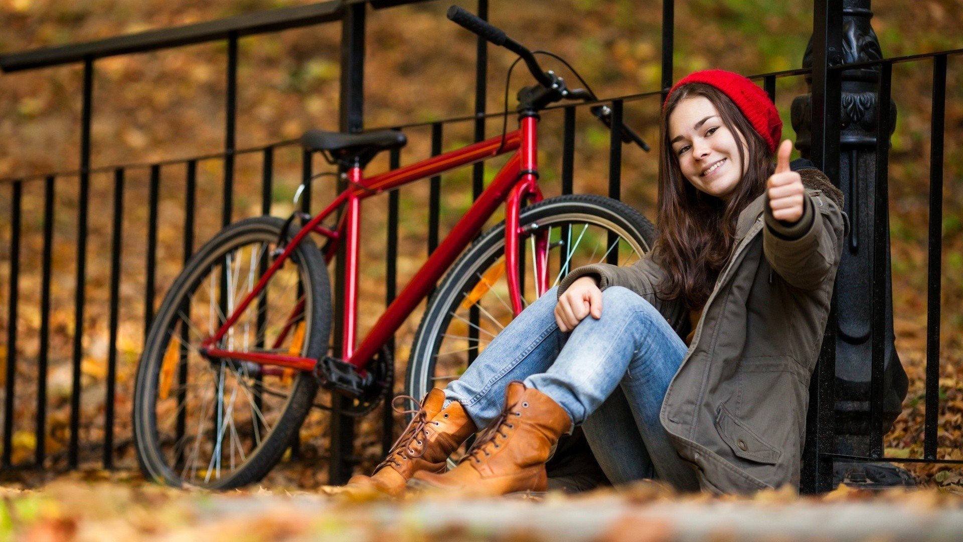 women, Outdoors, Long, Hair, Brunette, Model, Sitting, Smiling, Coats, Jeans, Boots, Bicycle, Fall Wallpaper