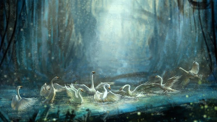 painting, Water, Swans, Wood, Spray, Art, Pond, Bird, Bathing HD Wallpaper Desktop Background