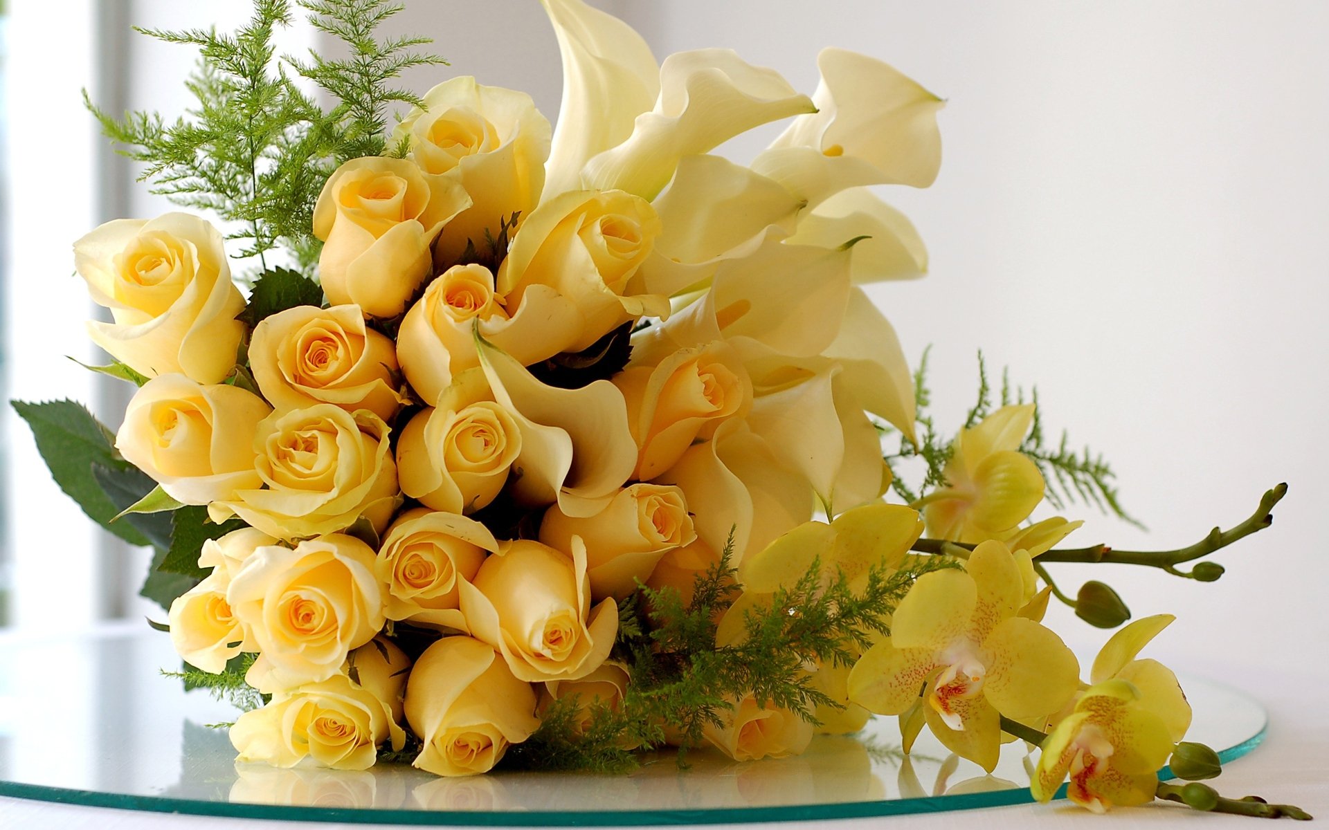 roses, Lilies, Flowers, Bouquet, Branches, Glass, Beauty Wallpaper