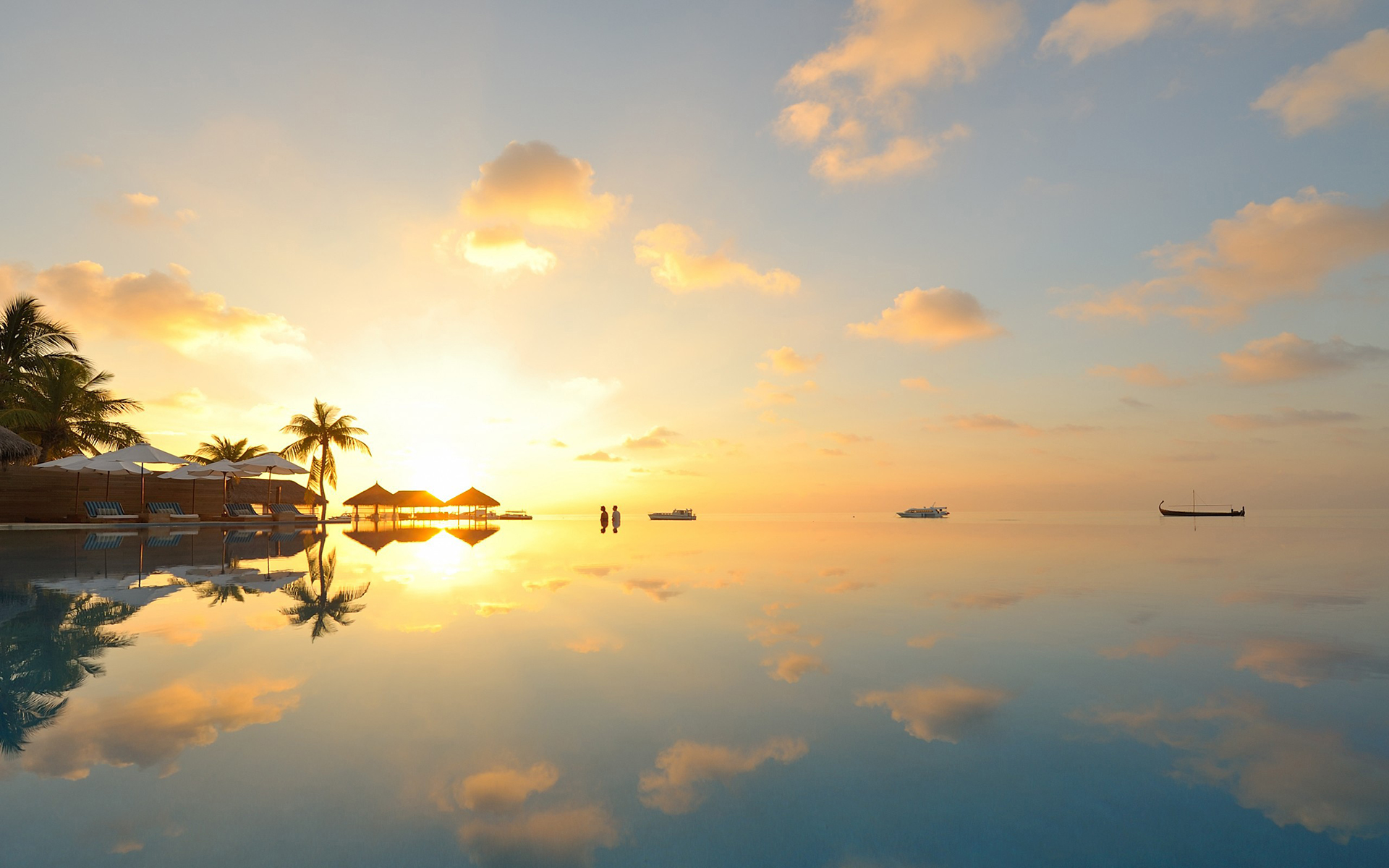 Tropical Pool Reflection Sunset Sunlight Wallpapers Hd Desktop