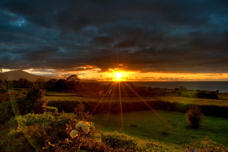 ireland, Scenery, Sunrises, And, Sunsets, Fields, Sky, Shrubs, Rays, Of, Light, Dingle, Peninsula, Kerry, Nature HD Wallpaper Desktop Background