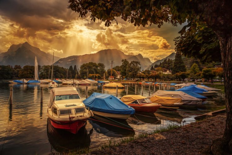 switzerland, Lake, Evening, Motorboat, Clouds, Nature HD Wallpaper Desktop Background
