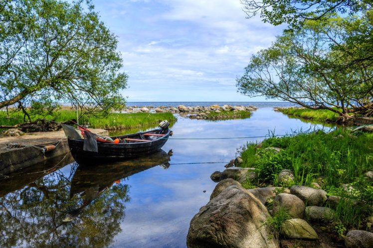 sweden, Rivers, Boats, Stones, Grass, Nature HD Wallpaper Desktop Background