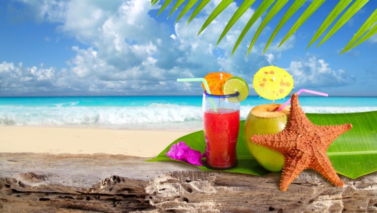 summer, Sea, Coast, Starfish, Resorts, Highball, Glass, Clouds, Nature HD Wallpaper Desktop Background