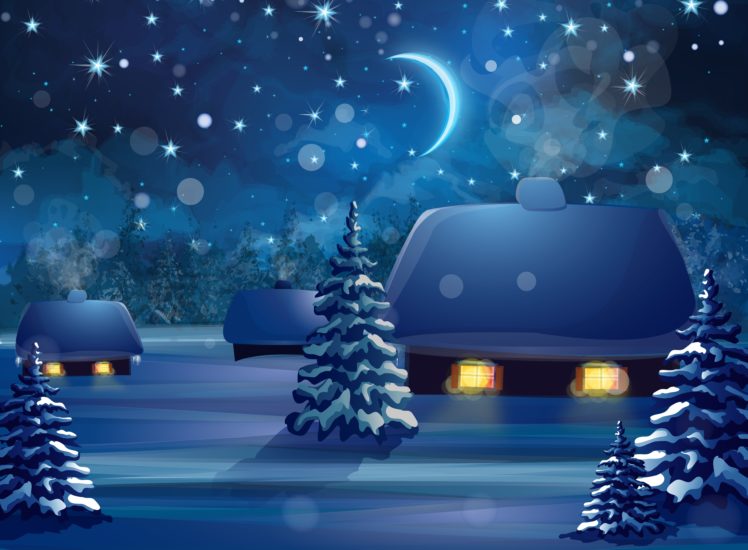 winter, Houses, Vector, Graphics, Fir, Night, Nature HD Wallpaper Desktop Background