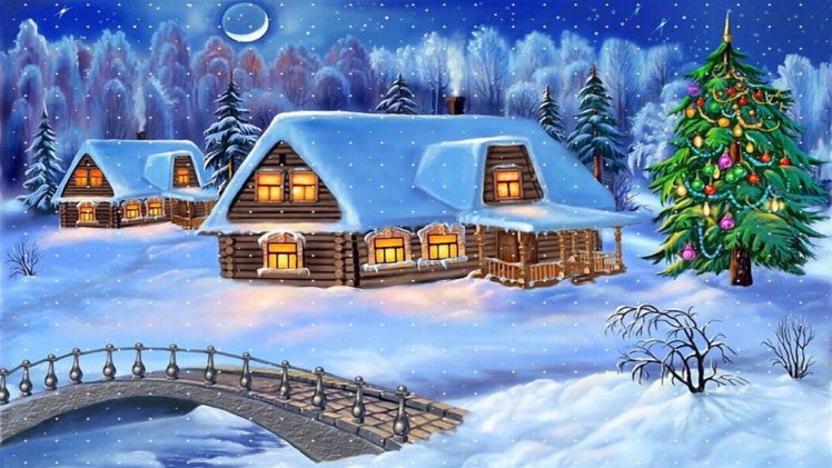 snowy, Christmas, Night, Decoration, With, Christmas, Tree HD Wallpaper Desktop Background