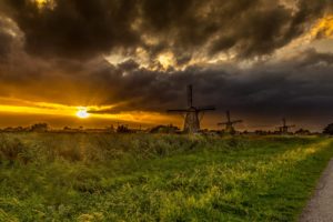 netherlands, Sunrises, And, Sunsets, Fields, Sky, Mill, Kinderdijk, Nature