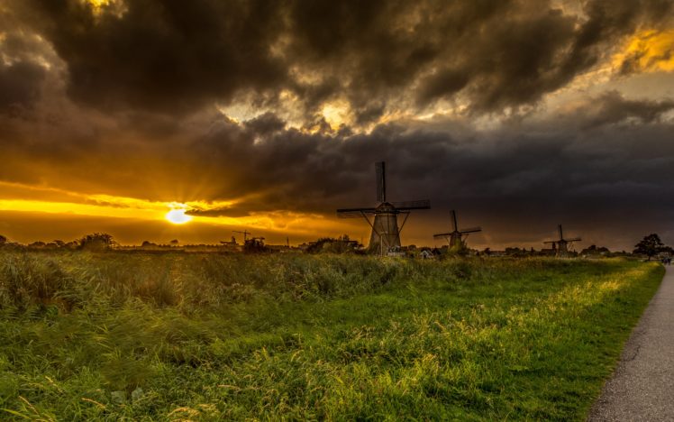 netherlands, Sunrises, And, Sunsets, Fields, Sky, Mill, Kinderdijk, Nature HD Wallpaper Desktop Background