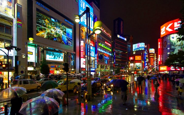 tokyo, Night, Rain, Cars, Shinjuku, Umbrellas, Pedestrians HD Wallpaper Desktop Background