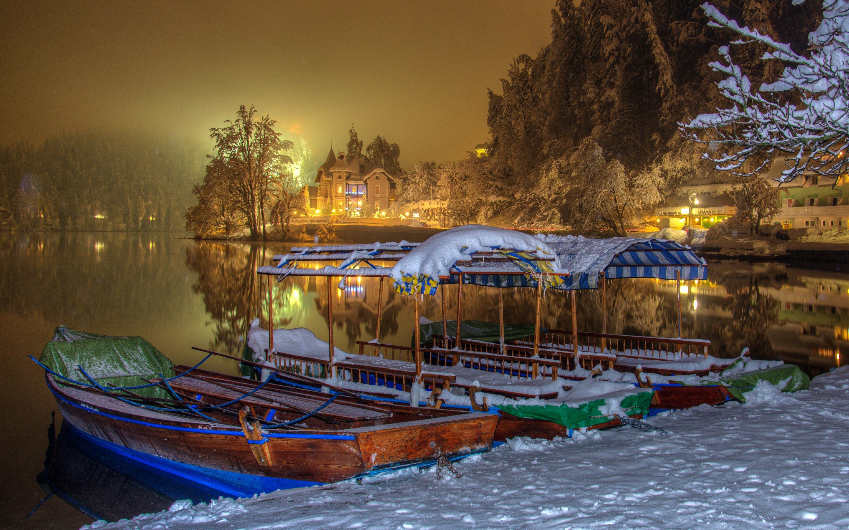 nature, Beach, Bled, Boats, Cool, Houses, Ice, Lake, Landscape, Lights, Night, Season, Slovenia, Snow, Trees, Water, Winter Wallpaper