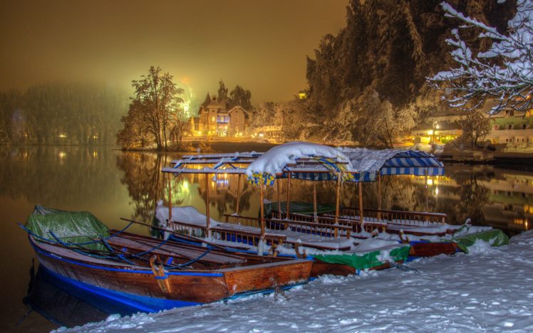 nature, Beach, Bled, Boats, Cool, Houses, Ice, Lake, Landscape, Lights, Night, Season, Slovenia, Snow, Trees, Water, Winter HD Wallpaper Desktop Background