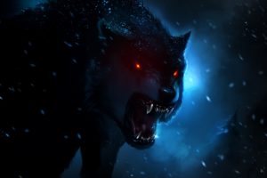 artwork, Blue, Light, Dark, Evil, Fantasy, Howling, Hunting, Pine, Pine, Trees, Pine, Wood, Red, Eyed, Wolf, Red, Eyes, Snow, Winter, Wolf, Wood