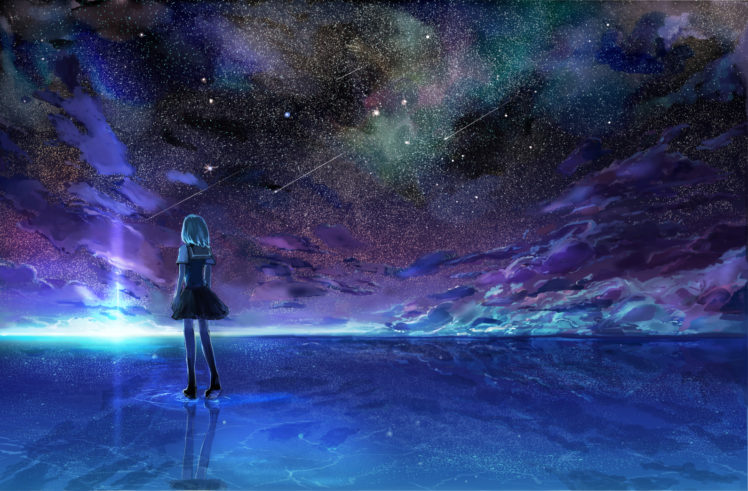 original, Clouds, Night, Scenic, Seifuku, Sky, Stars, Water HD Wallpaper Desktop Background