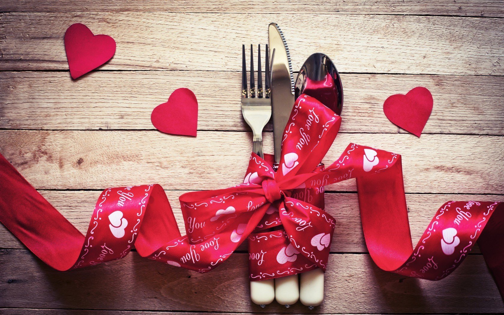 food, Fork, Heart, Hearts, Holidays, Knife, Red, Ribbon, Romance, Spoon, Valentine, Wooden, Table Wallpaper