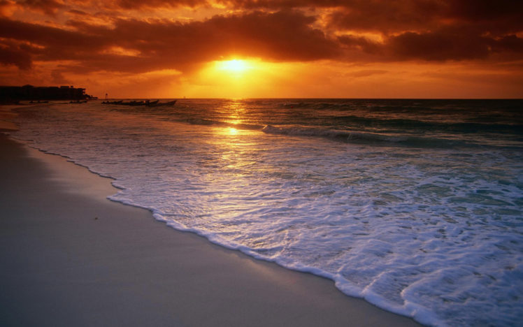 sunset, Beach, Sea, Waves HD Wallpaper Desktop Background