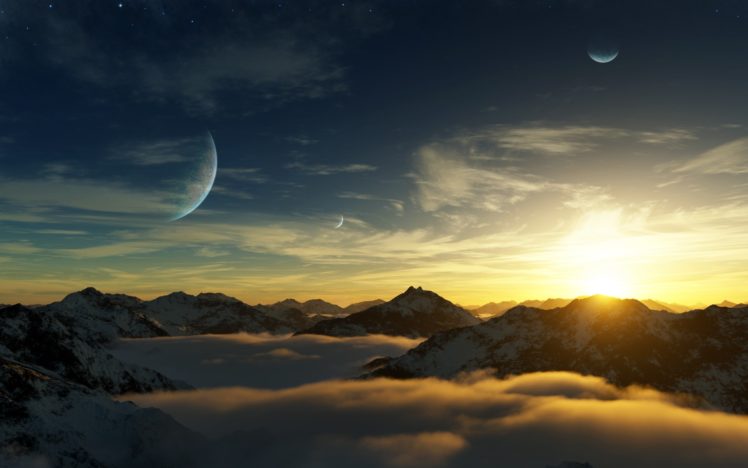 mountains, Clouds, Landscapes, Nature, Dawn, Planets, Digital, Art HD Wallpaper Desktop Background