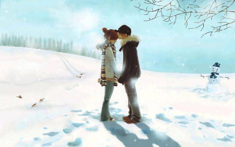 Anime Love Kiss In Snow HD Wallpaper Desktop Background