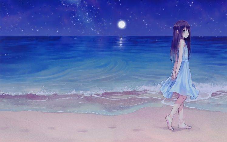 Girl Beach Night Anime HD Wallpaper Desktop Background