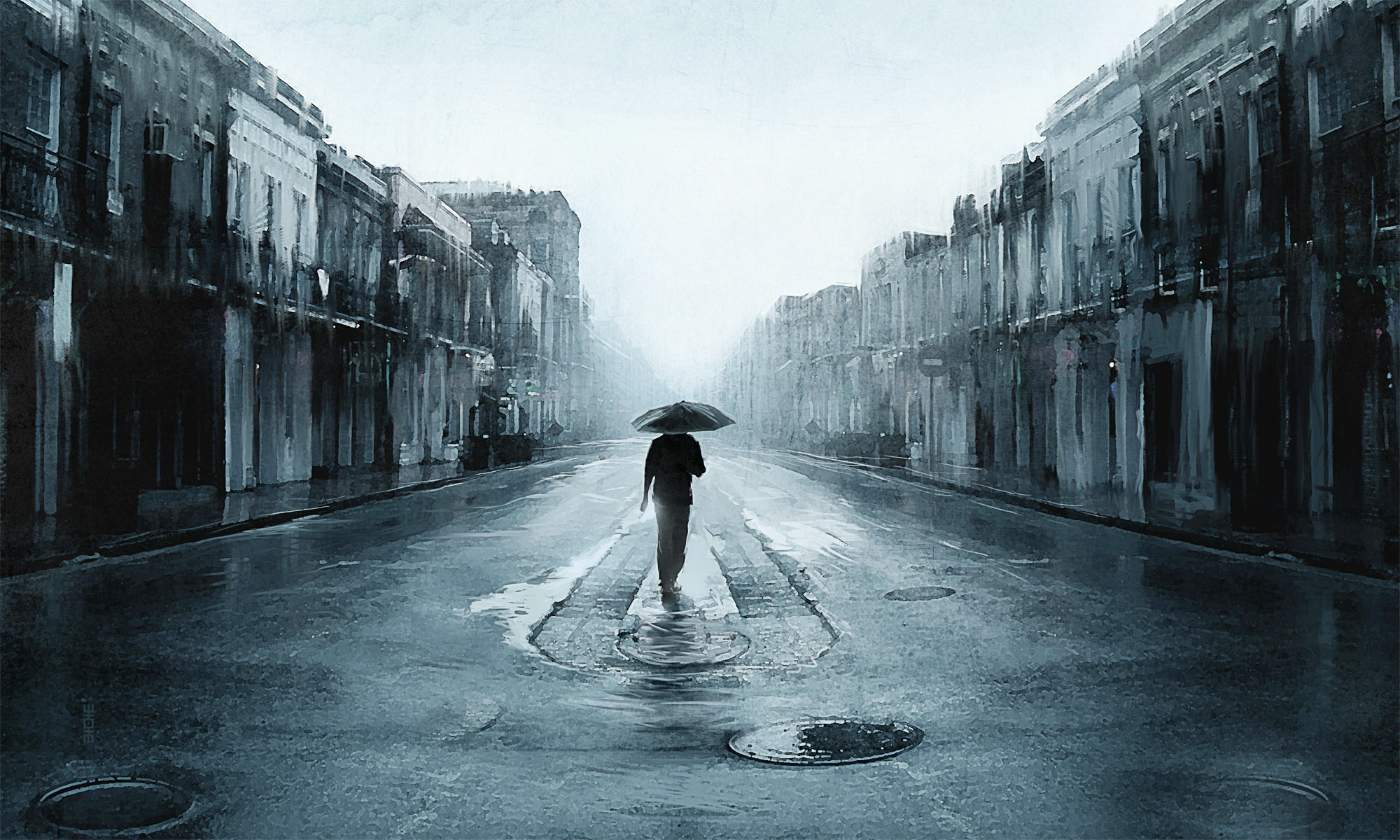 Black White Rain In City Picture Wallpaper